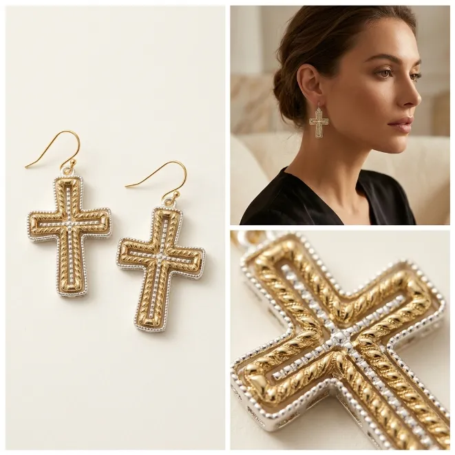 Two tone gold silver rope textured cross zinc alloy drop earrings with fish hook
