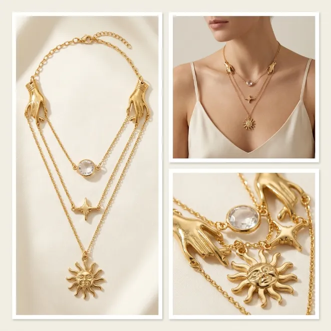 Gold celestial layered zinc alloy necklace with hands clear crystal north star and sun face pendant