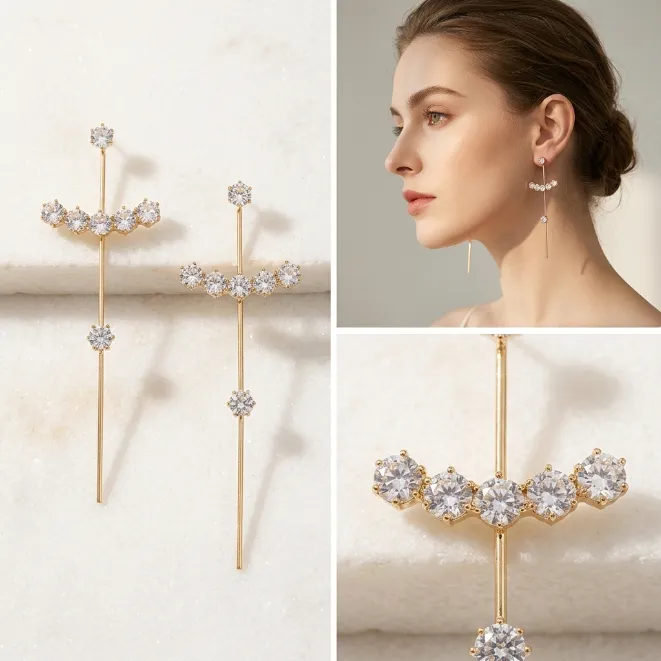 Gold minimalist geometric cross line brass stud earrings with curved pave cubic zirconia
