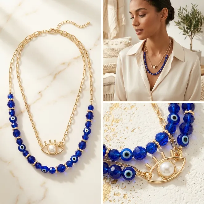 Gold layered paperclip chain necklace with royal blue evil eye acrylic beads and lash pearl eye pendant