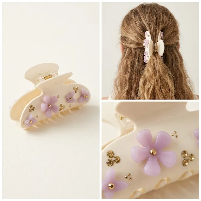 Cream white acetate hair claw clip with light purple acrylic flowers butterflies and champagne rhinestones