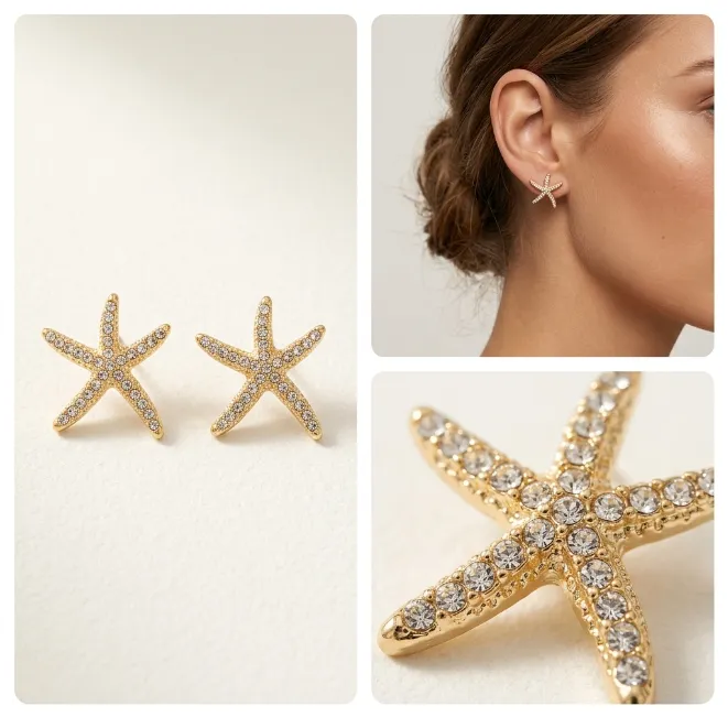 Gold pave rhinestone starfish zinc alloy stud earrings beach theme jewelry