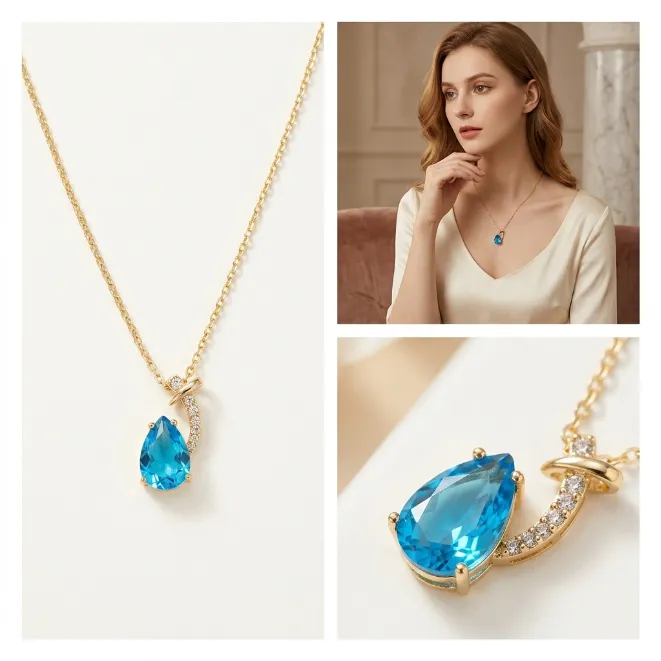 Gold delicate brass chain necklace with pear cut blue aquamarine cubic zirconia and pave curved pendant