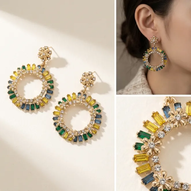 Gold boho daisy flower drop earrings with multi-color baguette crystal hoop zinc alloy
