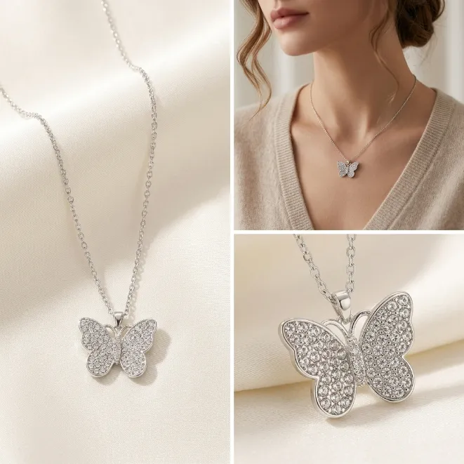 Silver pave cz rhinestone full crystal butterfly zinc alloy pendant necklace