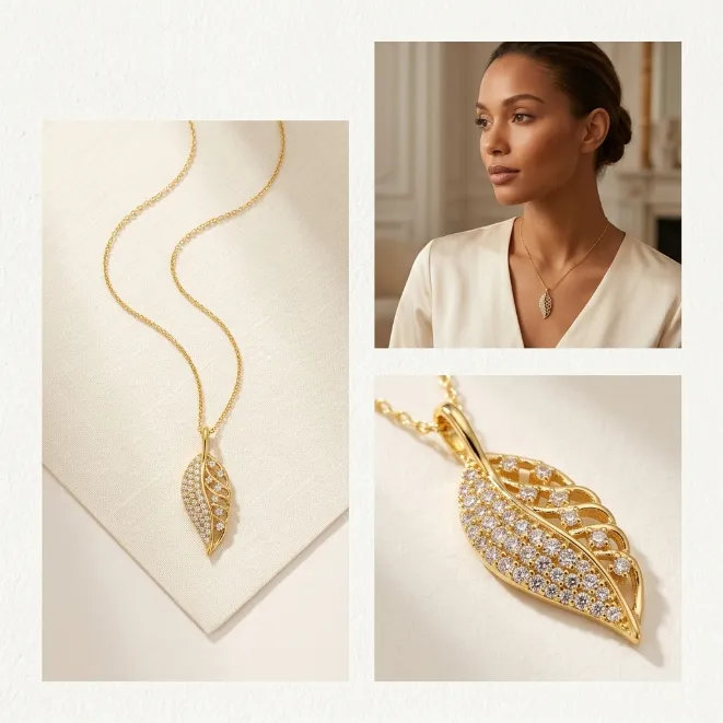 Gold delicate brass leaf pendant necklace with pave cubic zirconia and filigree openwork