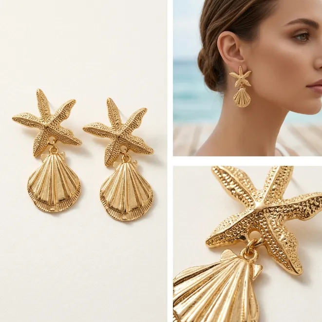 Gold textured starfish and scallop seashell zinc alloy drop earrings beach theme jewelry