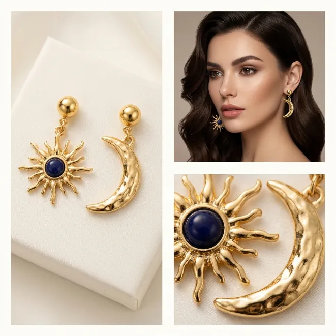 Gold celestial asymmetric sun and moon zinc alloy drop earrings with dark blue stone
