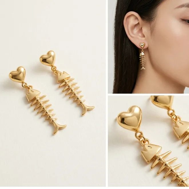 Gold puffy heart stud zinc alloy drop earrings with fishbone skeleton pendant