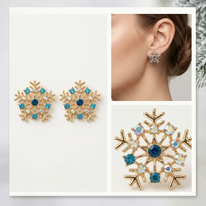Gold sparkling blue and ab crystal snowflake zinc alloy stud earrings winter holiday jewelry