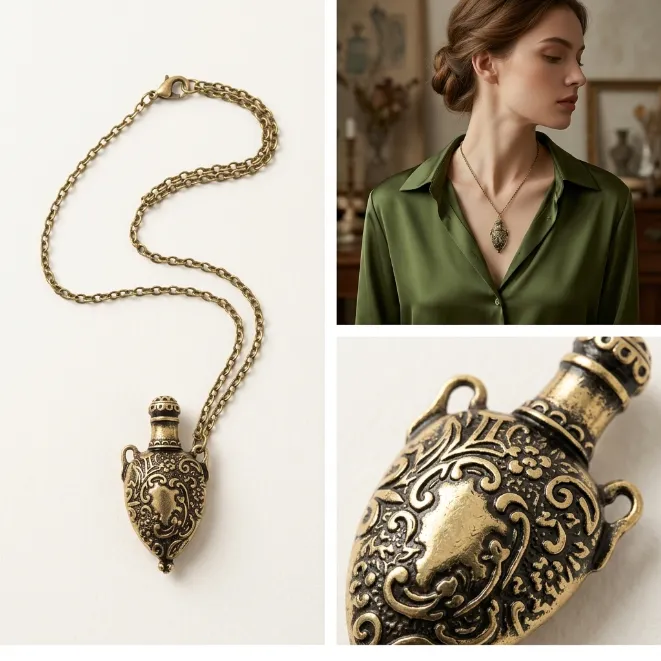 Antique bronze vintage filigree perfume bottle zinc alloy pendant necklace
