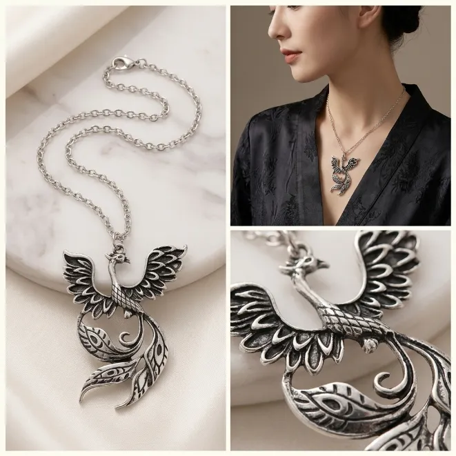 Antique silver mythical phoenix peacock bird zinc alloy pendant necklace