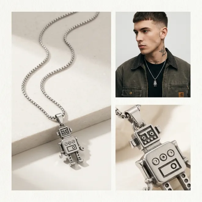 Men's vintage mechanical robot zinc alloy pendant necklace with box chain