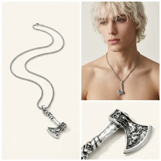 Men's vintage nordic viking battle axe zinc alloy pendant necklace with box chain