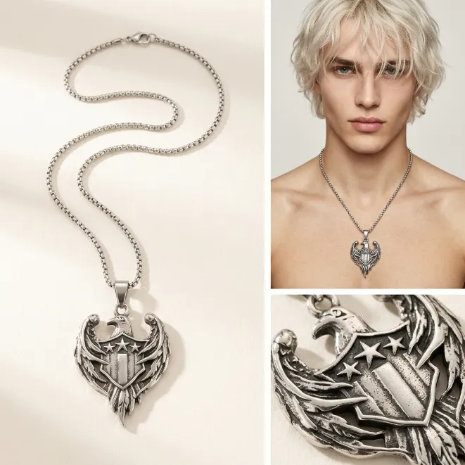 Men's vintage american eagle wings and stars shield medallion zinc alloy pendant necklace with box chain