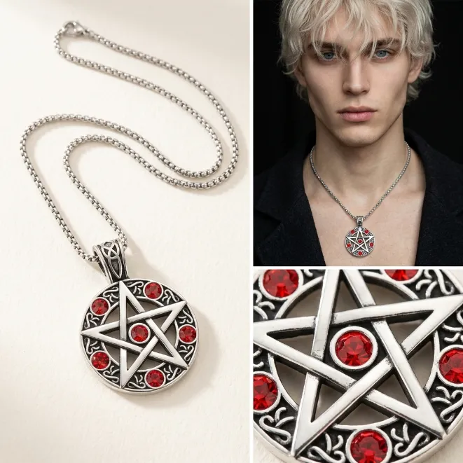 Men's vintage gothic pentagram red crystal zinc alloy medallion pendant necklace with box chain celtic wicca jewelry