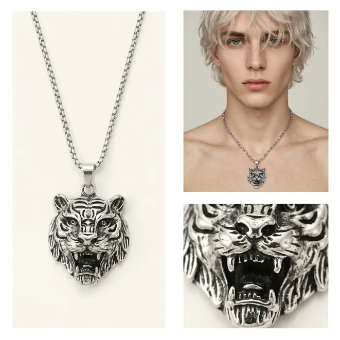 Men's vintage roaring tiger head zinc alloy pendant necklace with box chain wildlife biker jewelry