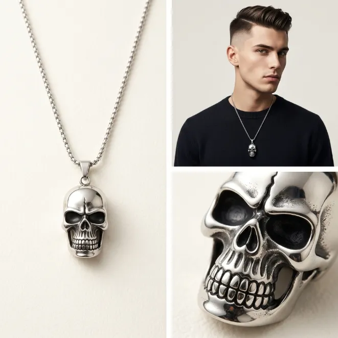 Men's vintage gothic 3d realistic skull zinc alloy pendant necklace with box chain biker punk jewelry