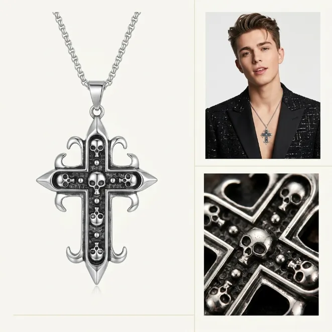 Men's vintage gothic fleur-de-lis skull cross zinc alloy pendant necklace with box chain punk biker jewelry