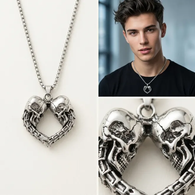 Men's vintage gothic twin skulls spine heart zinc alloy pendant necklace with box chain punk romantic jewelry