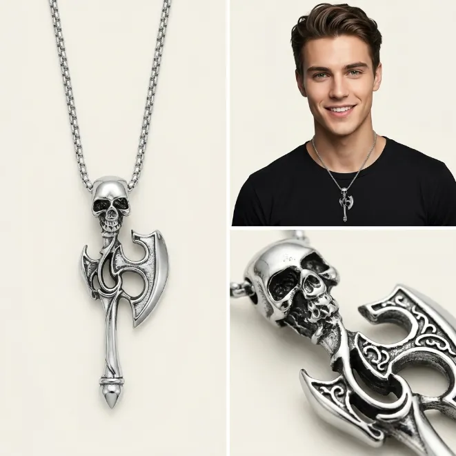 Men's vintage gothic skull battle axe zinc alloy pendant necklace with box chain punk biker jewelry