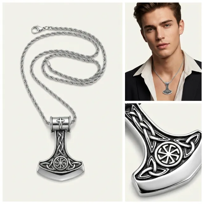 Men's vintage nordic viking thor's hammer mjolnir slavic sun wheel zinc alloy pendant necklace with rope chain pagan jewelry