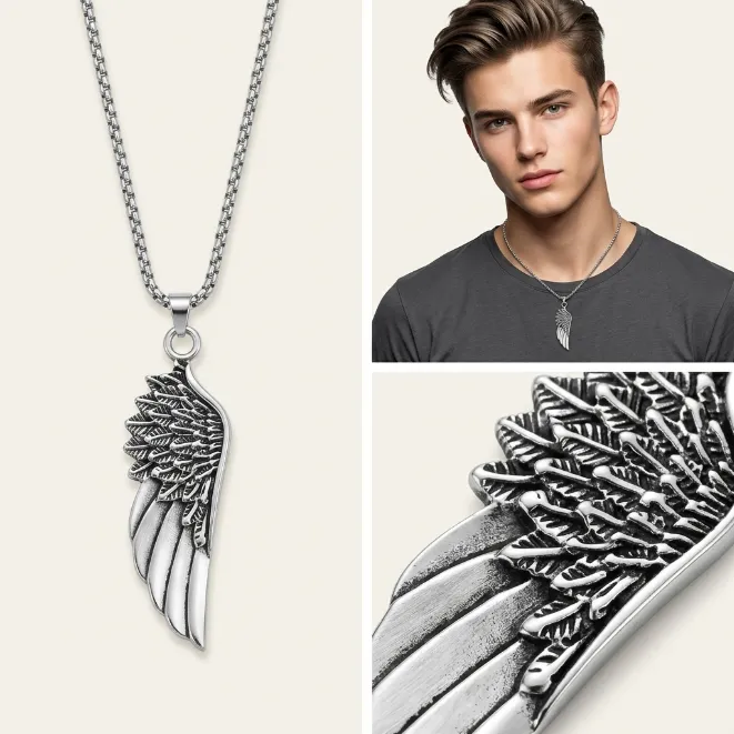 Men's vintage gothic angel wing zinc alloy pendant necklace with box chain punk biker jewelry
