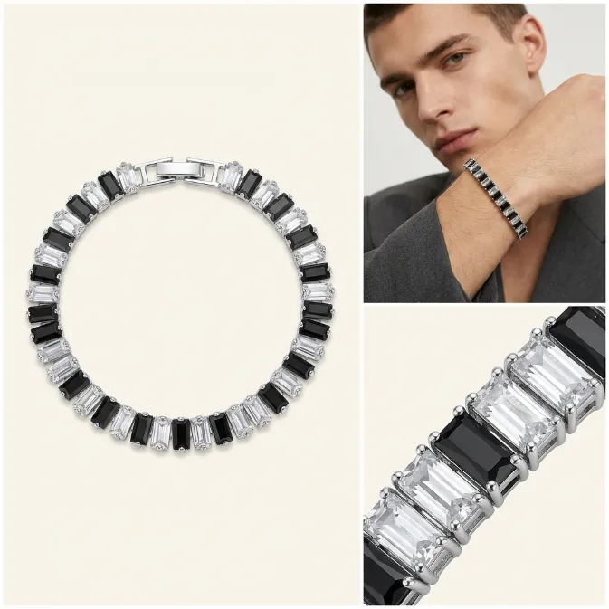 Men's luxury two-tone baguette cut black and white cubic zirconia brass tennis bracelet hip hop jewelry
