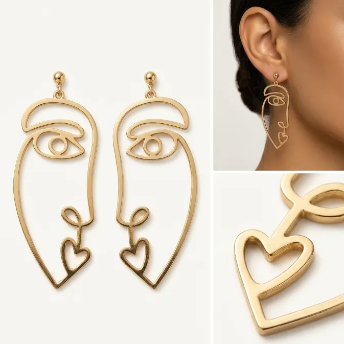 Women's modern minimalist abstract line art face heart lips gold dangle drop earrings picasso modernist jewelry