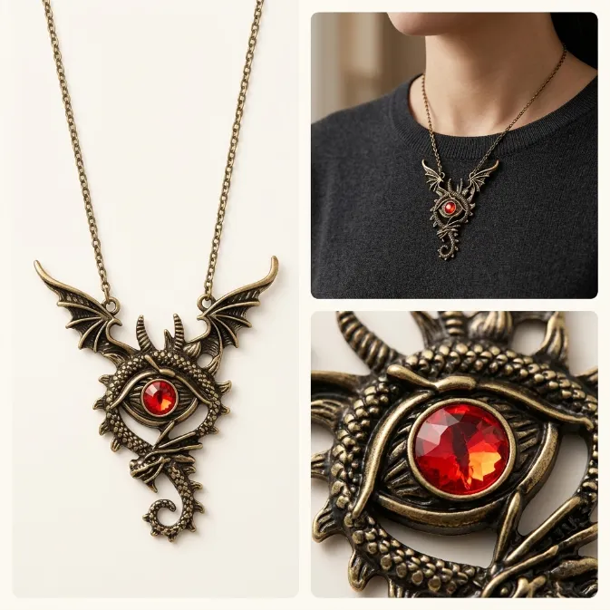 Vintage gothic antique bronze winged dragon red crystal evil eye pendant cable chain necklace mythical punk fantasy jewelry