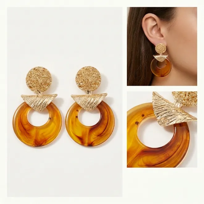 Gold textured metal amber resin circle drop bohemian statement earrings