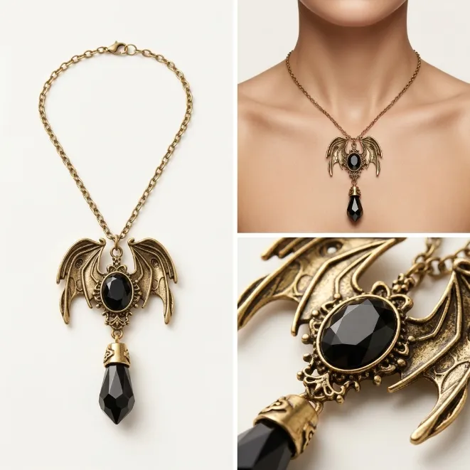 Antique bronze gothic bat wings black cubic zirconia and crystal point pendant necklace