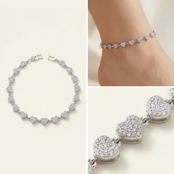 Silver paved clear glass rhinestone heart link zinc alloy anklet