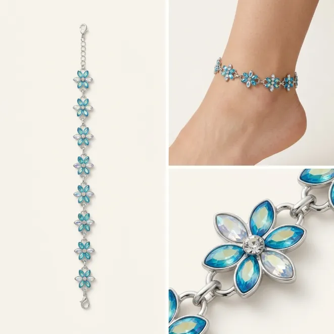 Silver blue and aurora glass marquis flower link zinc alloy bracelet