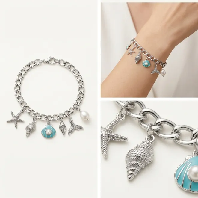Silver ocean beach theme charm bracelet with starfish shell mermaid tail and pearl