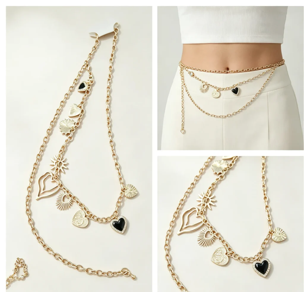 Gold layered heart and sunburst charm zinc alloy belly waist chain