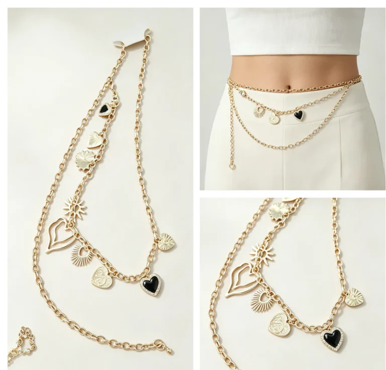 Gold layered heart and sunburst charm zinc alloy belly waist chain