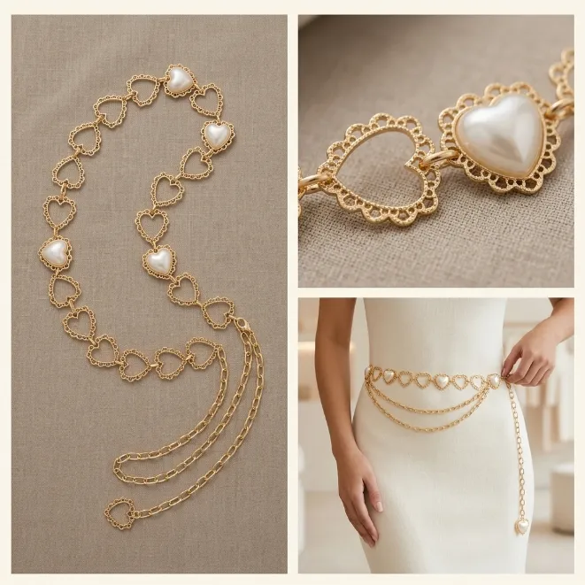 Gold openwork filigree heart and pearl link zinc alloy waist chain
