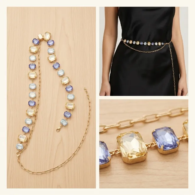 Gold multi color emerald cut acrylic gemstone iron waist chain