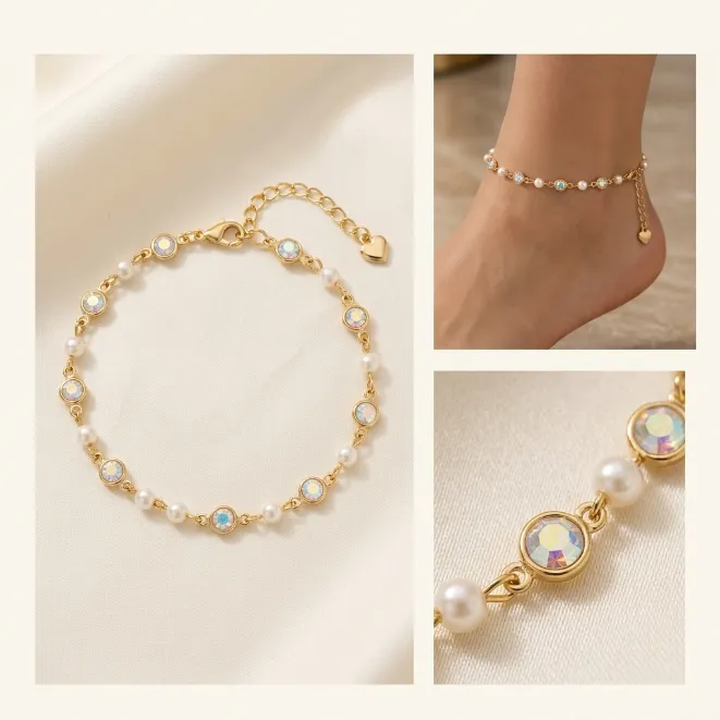 Gold bezel set aurora AB crystal and pearl zinc alloy anklet