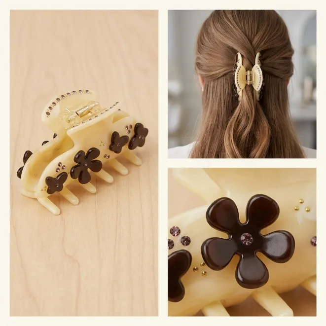 Cream hair claw clip with black 3D flowers and purple rhinestones