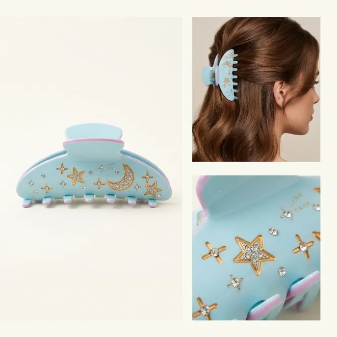 Light blue celestial star and crescent moon rhinestone hair claw clip