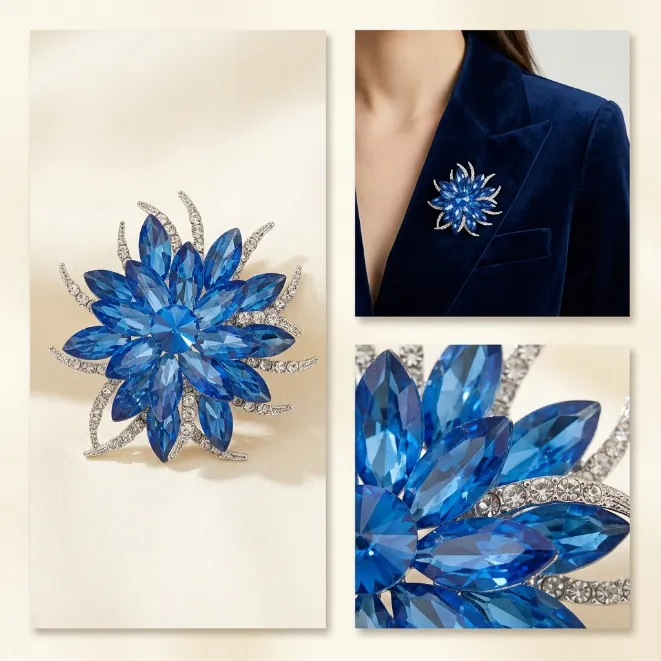 Silver royal blue marquis crystal flower zinc alloy brooch pin