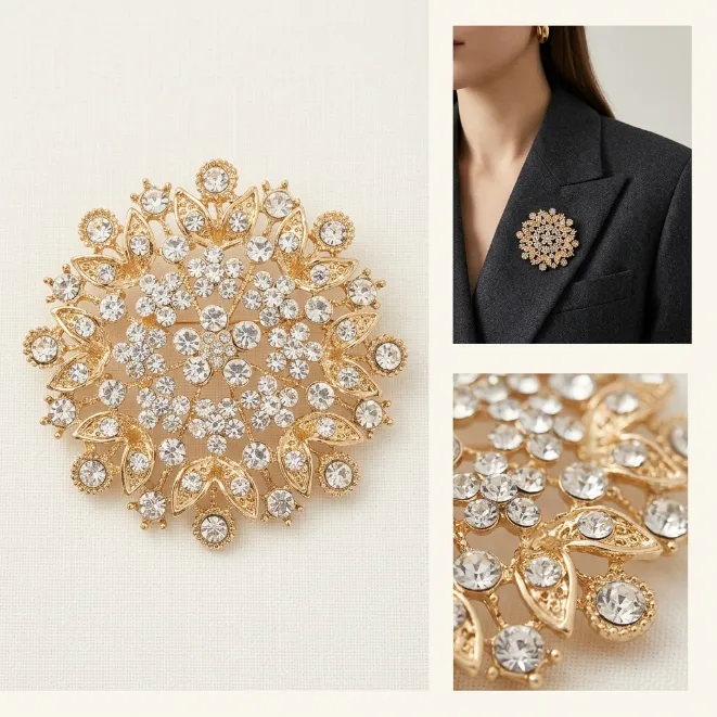 Gold paved clear crystal snowflake round filigree vintage brooch pin