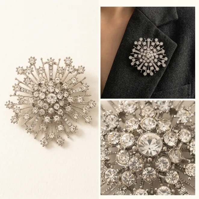 Silver paved clear crystal fireworks starburst radial brooch pin