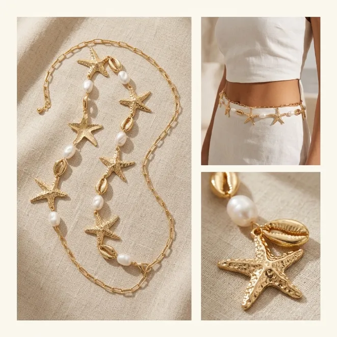 Gold ocean starfish cowrie shell and baroque pearl zinc alloy waist chain