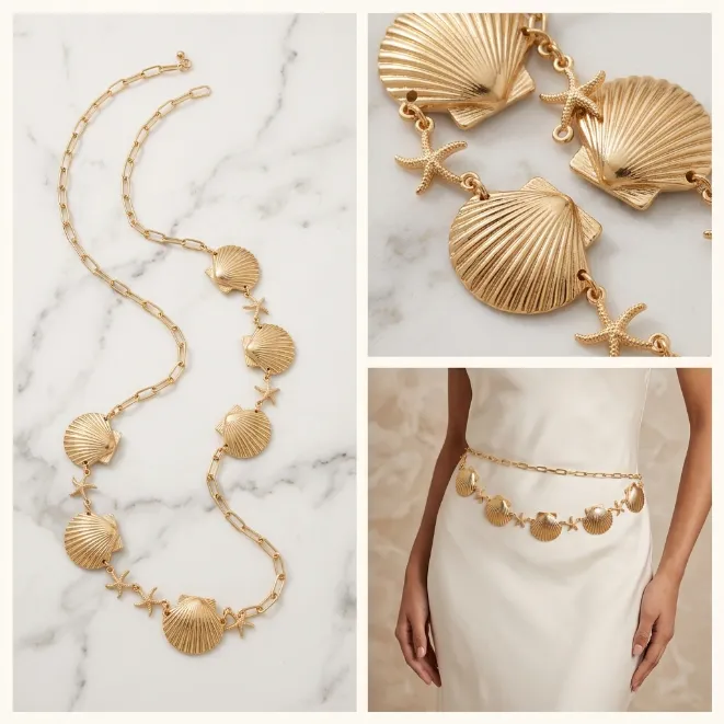 Gold ocean scallop shell and mini starfish link zinc alloy necklace