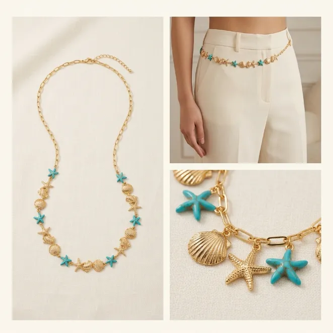 Gold ocean beach shell starfish and turquoise blue starfish zinc alloy waist chain