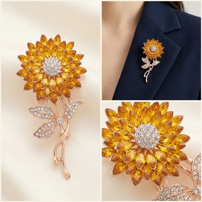 Rose gold amber yellow marquis glass crystal sunflower zinc alloy brooch pin