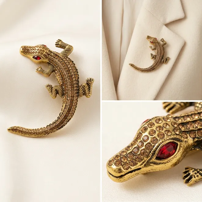 Antique gold paved topaz glass rhinestone alligator crocodile zinc alloy brooch pin with red eyes